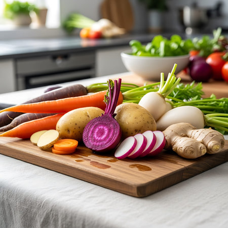 Vegetables on a wooden cutting board in the kitchen. Healthy food concept.