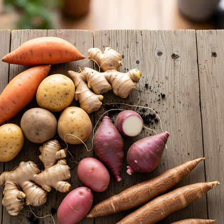 Potatoes, carrots and ginger on a wooden table in the garden