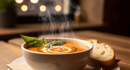 tomato soup with cream and basil in a bowl on a wooden tableの写真素材