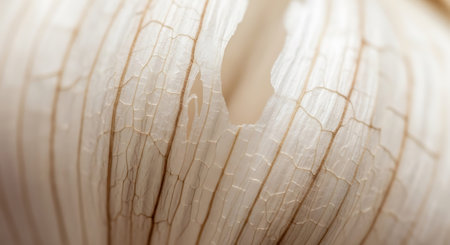 Macro shot showcasing the delicate, intricate skin of a garlic bulb, with its subtle color variations and organic patterns.の写真素材
