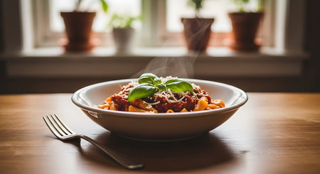 Close-up shot of a steaming plate of pasta served with rich tomato sauce, fresh basil leaves, and grated cheese, accompanied by a silver fork, set against a softly blurred background with natural light.の写真素材
