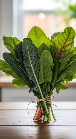 Bunch of fresh chard leaves on a table in a kitchen