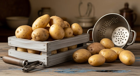 Fresh potatoes in a wooden box on a rustic wooden table.の写真素材