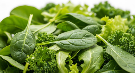 A close-up image showcasing a mix of fresh green salad ingredients like spinach, kale, and lettuce, emphasizing healthy eating and nutrition.の写真素材