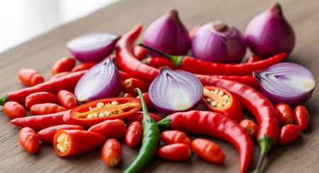 Red hot chili peppers and onions on a wooden background. Close up.の写真素材