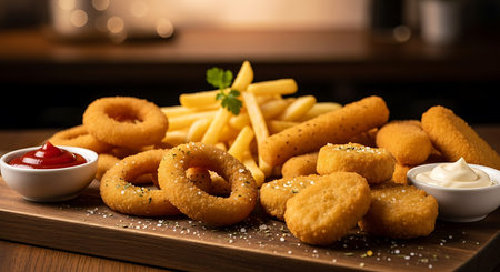 Snacks with mayonnaise, onion rings, chips and ketchup