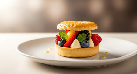 Delicious tartlet with berries and whipped cream on plate, closeupの写真素材
