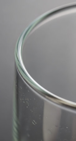 Glass with water drops on a gray background. Close-up.の写真素材