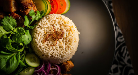 Savory dish of rice served on a plate with a garnish of fresh herbs and vegetables.の写真素材