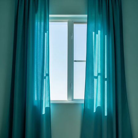 A serene and inviting image featuring aqua-colored curtains framing a window bathed in bright daylight, evoking a sense of calm and modern interior design.の写真素材