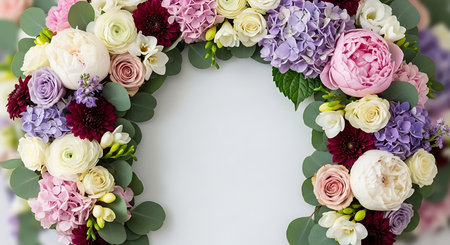 A circular floral arrangement with soft pastel blooms, including roses, peonies, and hydrangeas, forming a delicate wreath on a clean background.の写真素材
