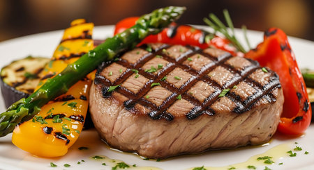 Grilled beef steak with asparagus and vegetables on white plateの写真素材