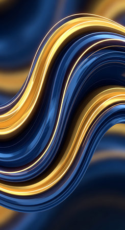 A visually striking abstract background featuring layered stripes of gold and navy blue, creating a sense of depth and smooth movement.の写真素材