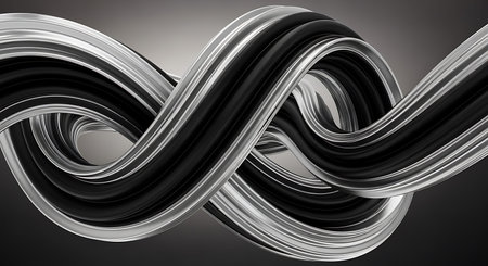Abstract monochrome wave pattern composed of flowing metallic strands.の写真素材