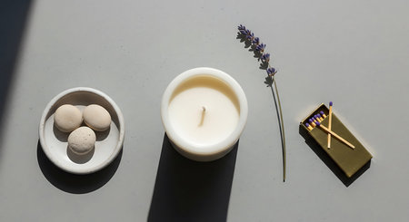 Lavender candle, matchbox and matchsticks on gray backgroundの写真素材