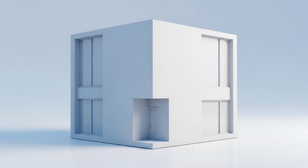 3D rendering of a white cube with open doors on a blue backgroundの写真素材