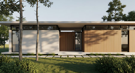 An inviting scene of a modern house seamlessly blending with its natural surroundings. The building showcases clean lines and minimalist design, promoting peaceful living.の写真素材