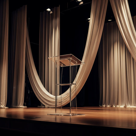 Podium in theater with curtains and stage lights. 3d rendering