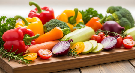 Fresh vegetables on a wooden cutting board on a wooden background. Selective focus.の写真素材
