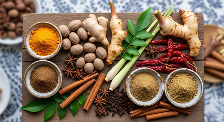 Spices and herbs on a wooden background. Food and cuisine ingredients.
