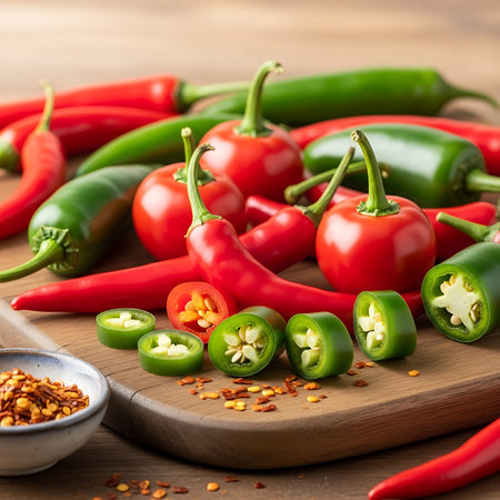 Red and green hot chili peppers on wooden cutting board. Selective focus.の写真素材