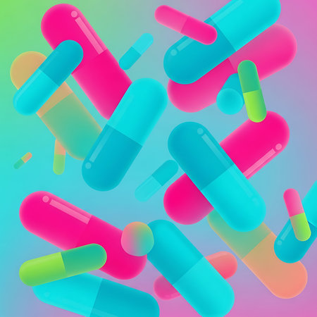 Seamless pattern with colorful pills on blue background. Vector illustration.