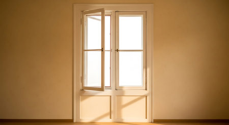 White window in the room with yellow wall and wooden floor background.