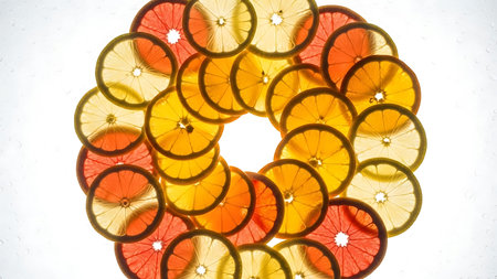 Lemon and orange slices in the form of a circle on a white background
