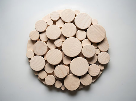 Wooden circles on a white background. Close-up. Top view.