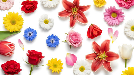 Colorful flowers isolated on white background. Flat lay, top view