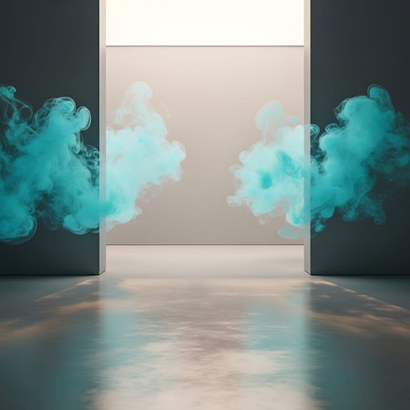 3d rendering, abstract background, room with white wall and blue smokeの写真素材