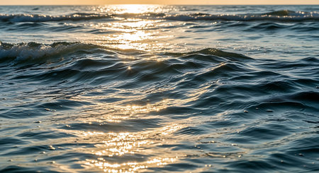 Sunset on the sea with waves and water splashes, background