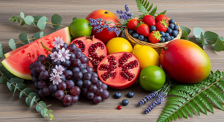 Fresh fruits and berries on a wooden background. Healthy food concept.