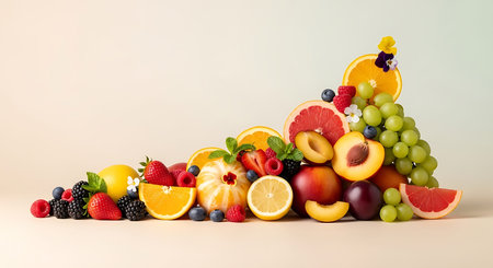 Fruits and berries on a pastel background. Healthy food concept.