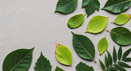Green leaves on linen background. Top view with copy space for your text.