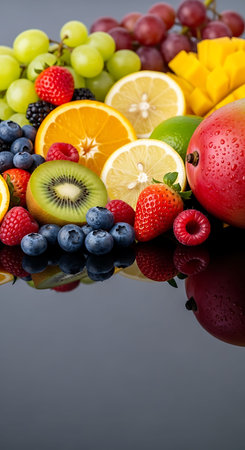 Mix of fresh fruits on a black background with reflection. Studio shot.の写真素材
