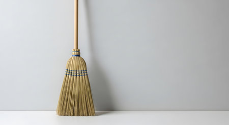 Broom in front of white wall with copy space for your textの写真素材