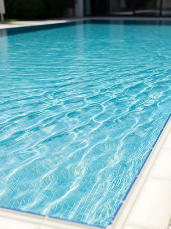 swimming pool with clear blue water and sun reflections in the background