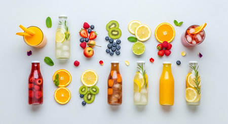 Variety of fruit and berry juices on white background, top view