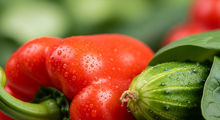 Fresh vegetables with drops of water on a green background close-up