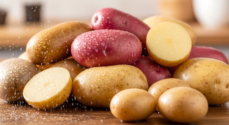 Raw potatoes with water drops on wooden table, closeup, horizontalの写真素材