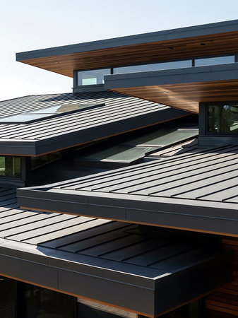 Architectural detail of a modern house with a roof made of metal
