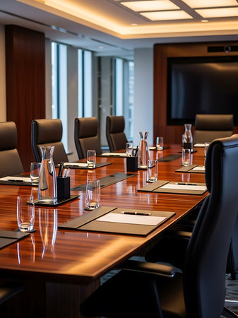 Interior of a modern conference room with wooden table and chairs.