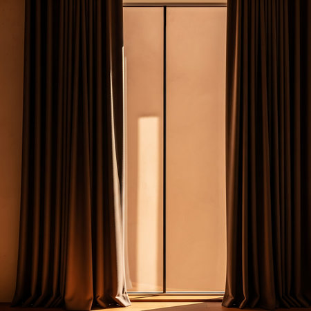 Curtain and window with sunlight at night. Interior of a roomの写真素材