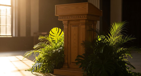 3d rendering of a podium with a pedestal and plants.の写真素材
