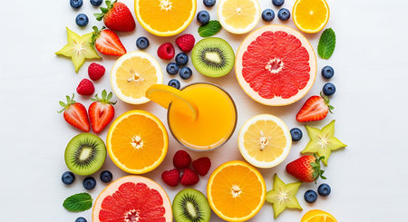 Fresh fruit and orange juice on white wooden table. Top view.の写真素材