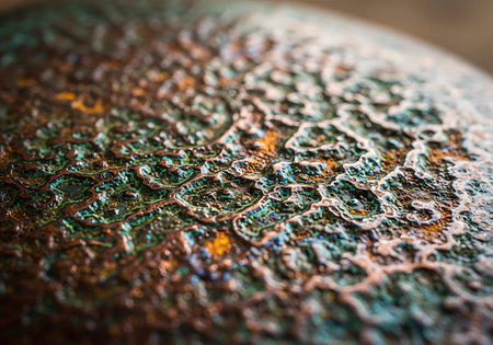 Close up of a rustic copper plate, shallow depth of fieldの写真素材