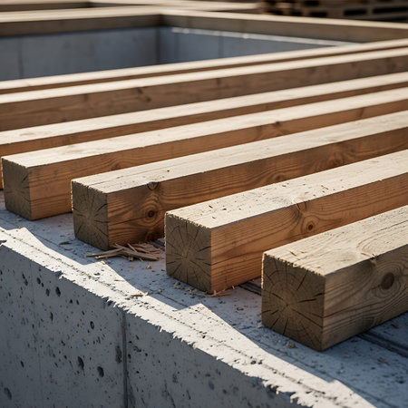 Wooden beams on the construction site of a new residential building.
