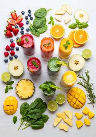 Healthy smoothie with fresh fruits and berries, top view.