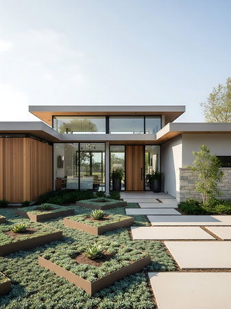 Architecture, modern house with garden, view from the garden
